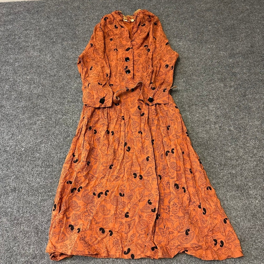 Unbranded Dress Womens Size S Orange Paisley Rayon Belted Midi A-Line Boho 70s